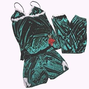 3 Pc Emerald Green Pajama Set Embroidered Flower & Lace Cami Shorts & Pants Sz M